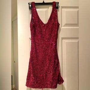 Bebe Addiction Hot Pink Sequin V-neck Dress Lace-Up Open Back Mini Dress Size S